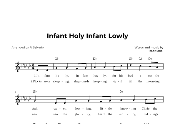 Infant Holy Infant Lowly (Key of G-Flat Major) (arr. R. Salvario)