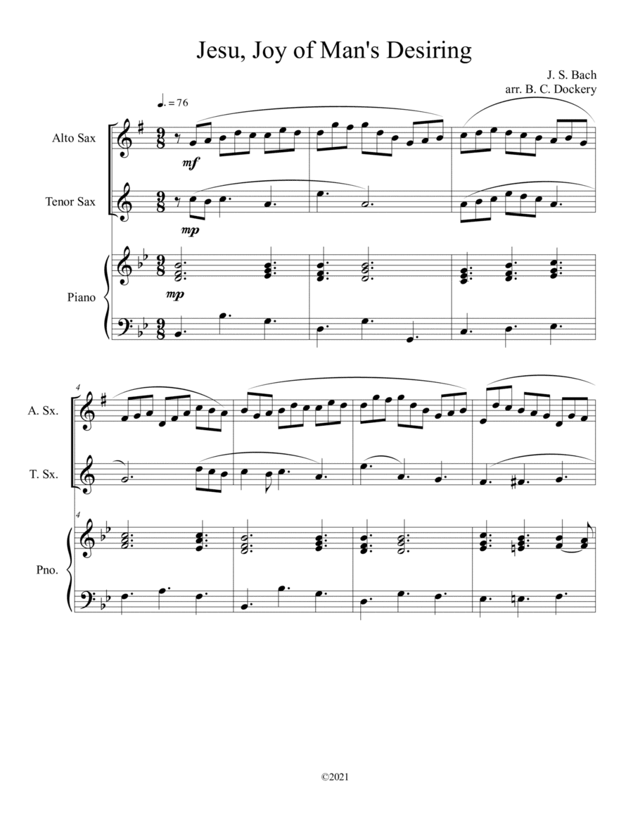 Jesu, Joy of Man's Desiring (Alto and Tenor Sax Duet) with optional piano accompaniment (arr. B. C. Dockery)