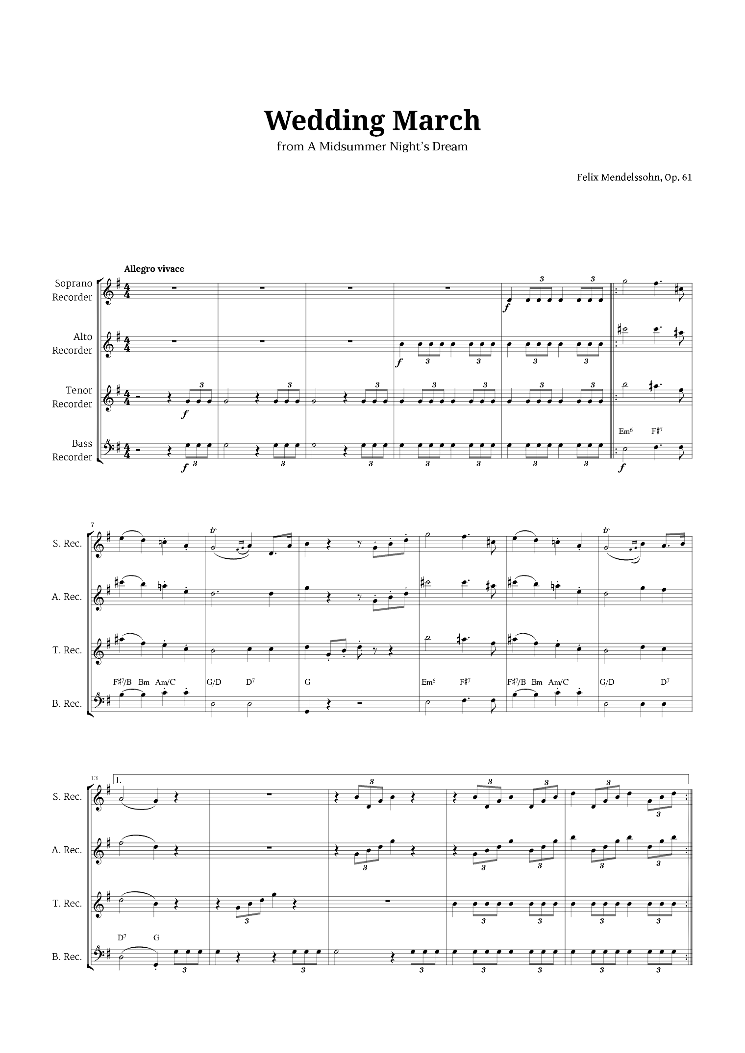 Wedding March by Mendelssohn for Recorder Quartet with Chords (arr. Langanho)