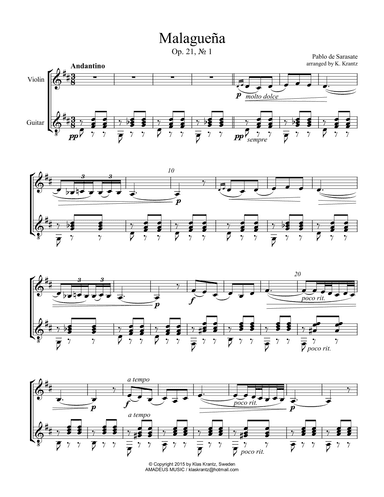 Malaguena Op. 21 No. 1 for violin and guitar (arr. K. Krantz)