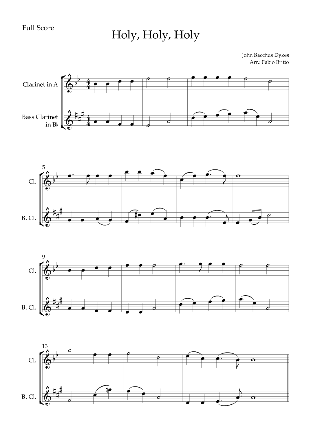 Holy, Holy, Holy (Traditional Christian Song) for Clarinet in A & Bass Clarinet in Bb Duo (arr. Fabio Britto)