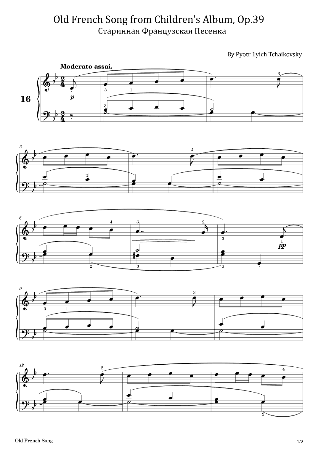 Old French Song from Children's Album, Op.39 - Tchaikovsky - For Easy Piano With Finger (arr. poon)