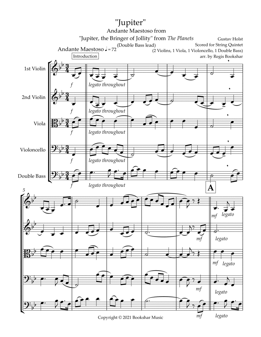 Jupiter (Andante Maestoso from "Jupiter, the Bringer of Jollity" from The Planets) (Bb) (String Quin (arr. Regis Bookshar)