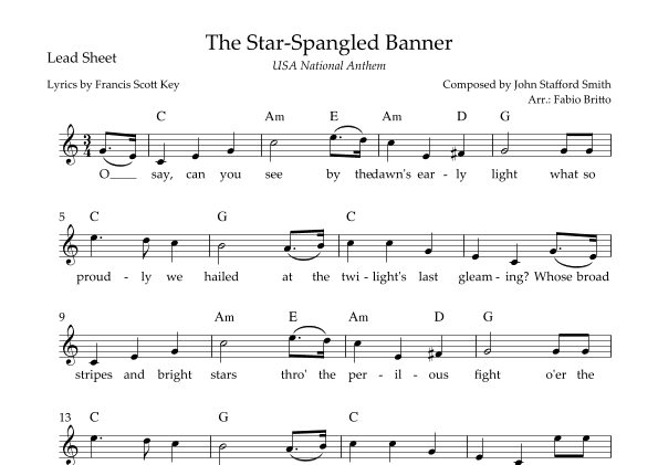 The Star-Spangled Banner (USA National Anthem) Lead Sheet in C Major (arr. Fabio Britto)