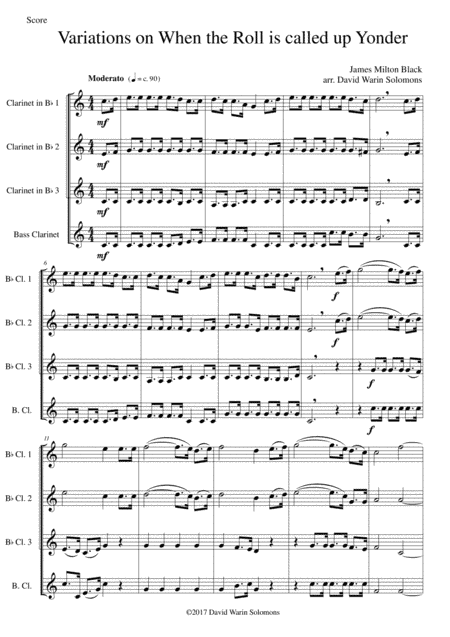 Variations on When the Roll Is Called Up Yonder for clarinet quartet (arr. David Warin Solomons)