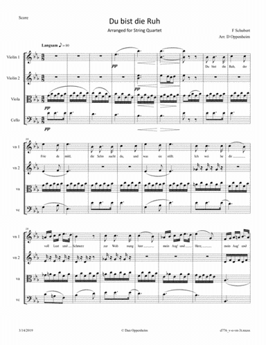 Schubert: "Du bist die Ruh" (D 776) Arranged for String Quartet; Option: Replace Violin 1 with Voice (arr. D Oppenheim)