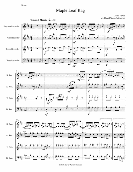 Maple Leaf Rag for recorder quartet (arr. David Warin Solomons)