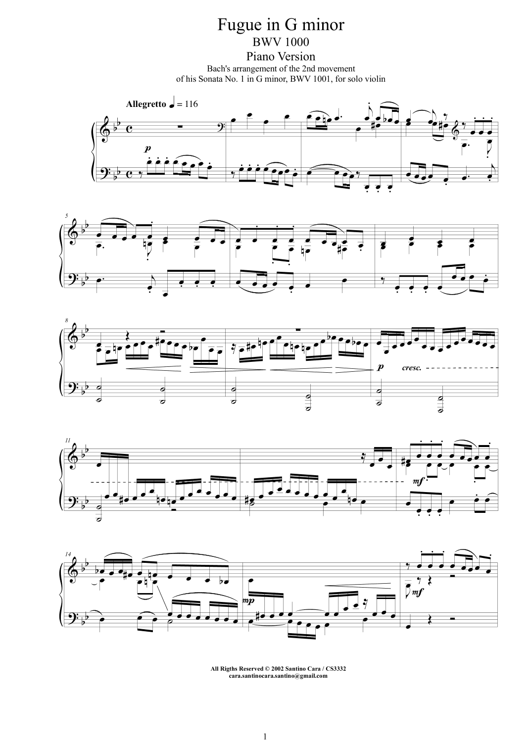 Bach - Fugue in G minor BWV 1000 - Piano version (arr. Santino Cara)