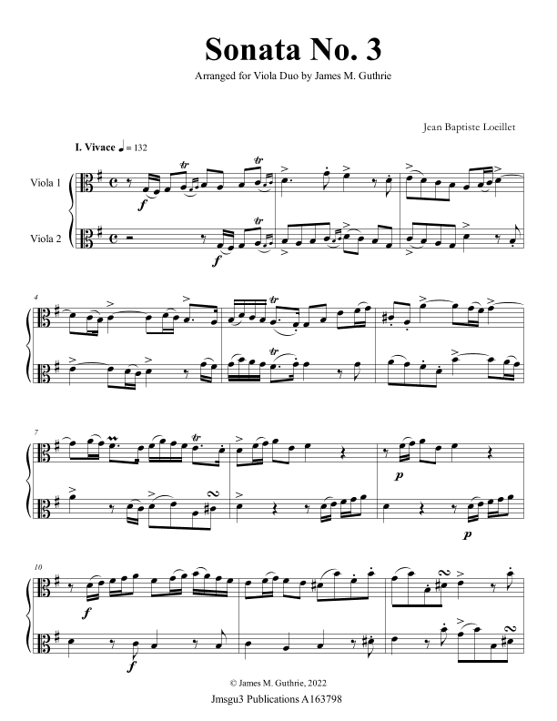 Loeillet: Sonata No. 3 for Viola Duo (arr. James M. Guthrie)