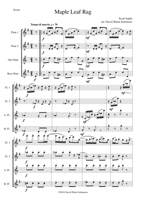 Maple Leaf Rag for flute quartet (2 flutes, 1 alto and 1 bass) (arr. David Warin Solomons)