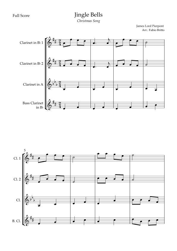 Jingle Bells (Christmas Song) for Clarinet Quartet (arr. Fabio Britto)