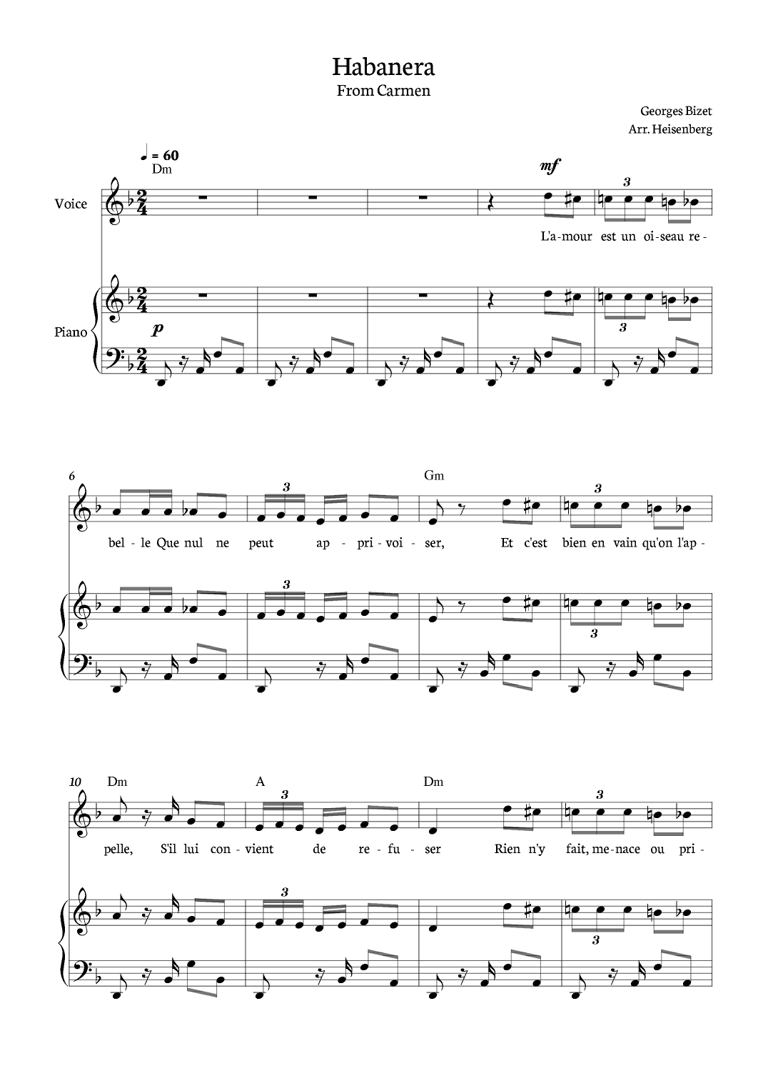 Habanera - Carmen for piano, chords and voice in D minor. (arr. Heisenberg)