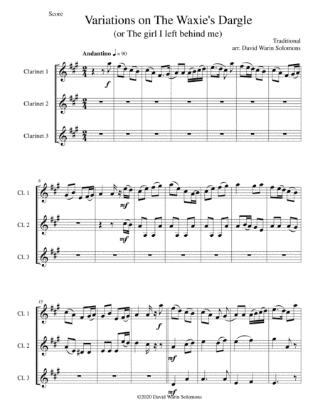 Variations on The Waxie's Dargle (or The girl I left behind me) for clarinet trio (arr. David Warin Solomons)