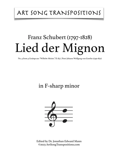 SCHUBERT: Lied der Mignon, D. 877 no. 4 (transposed to F-sharp minor) (arr. ArtSongTranspositions.com)