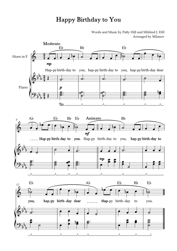 Happy Birthday to You | Horn in F | E-flat Major | Piano accompaniment | Pedal | Chords | Lyrics (arr. Milanov)