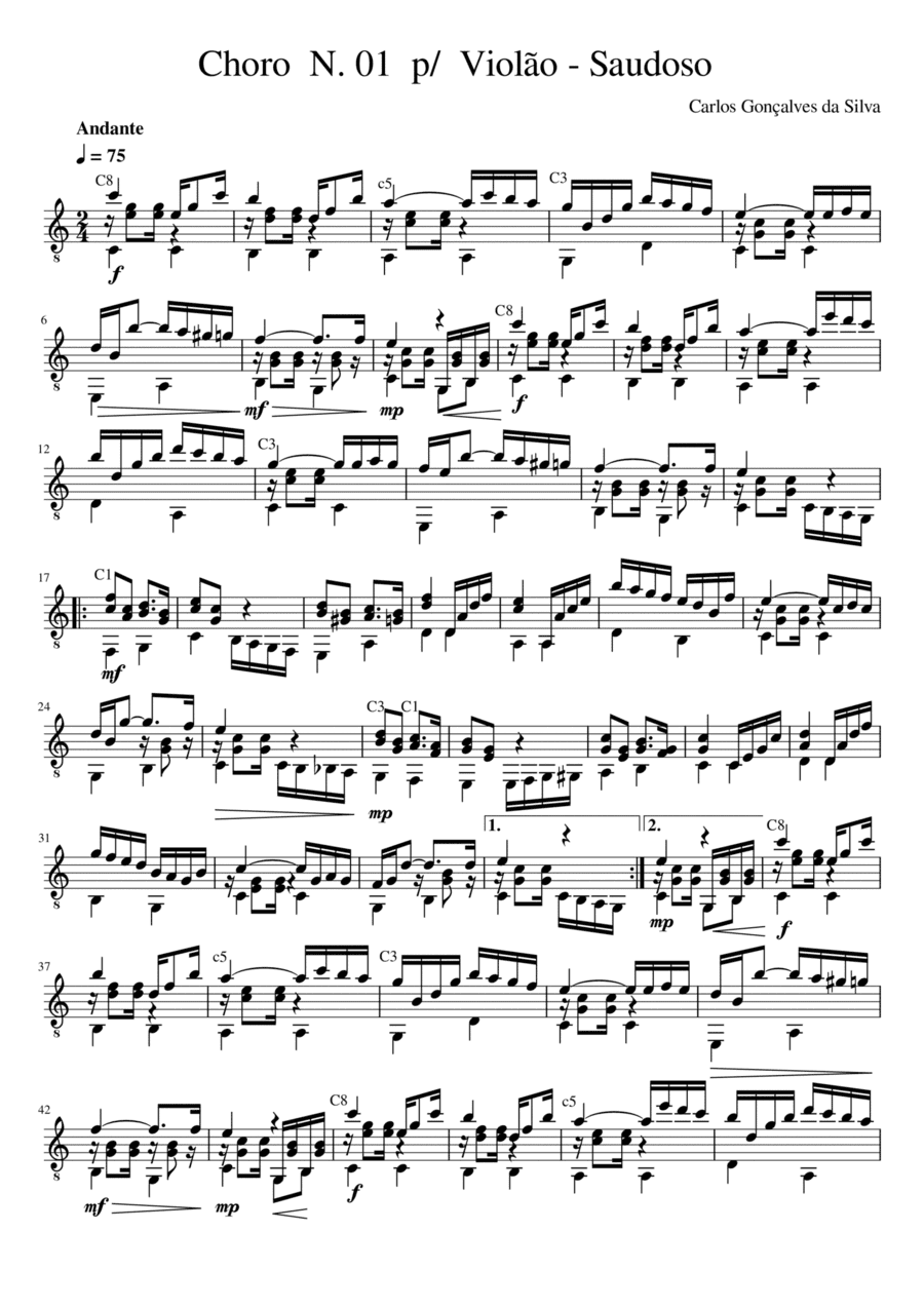 Choro Nº 01 em C para Violão. Choro Nº 01 em C for Guitar.