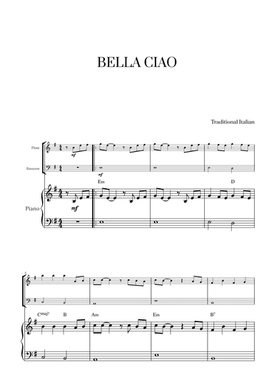 Bella Ciao with chords for Flute, Bassoon and Piano (arr. Cadenza Editions)