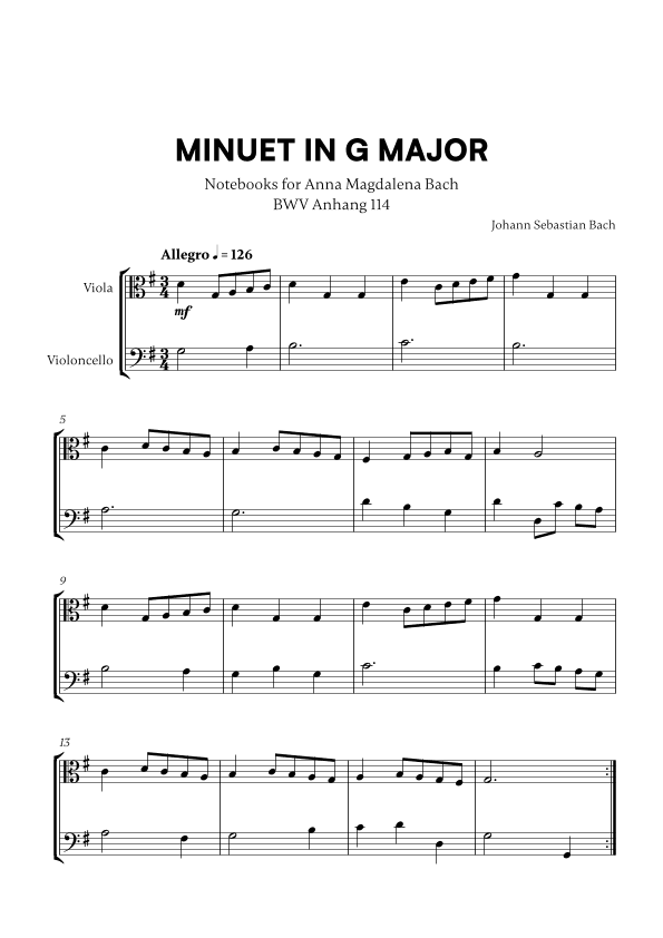 Minuet in G Major (BWV Anh. 114) (for Viola and Cello) (arr. Cadenza Editions)