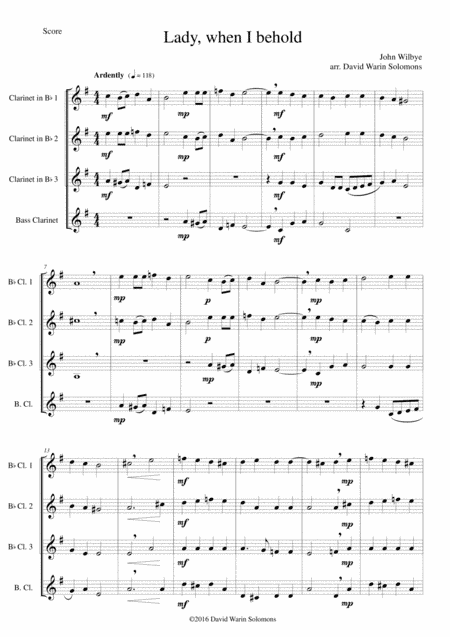 Lady, when I behold arranged for clarinet quartet (arr. David Warin Solomons)