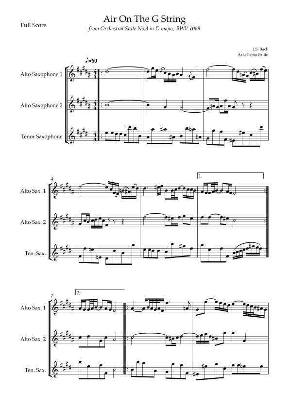 Air On The G String (J.S. Bach) for Saxophone Trio (arr. Fabio Britto)