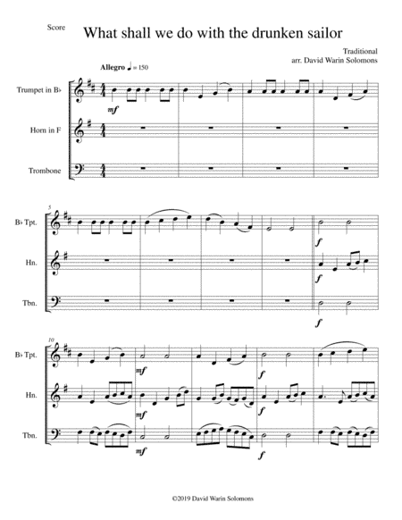 Drunken Sailor for brass trio (trumpet, horn, trombone) (arr. David Warin Solomons)