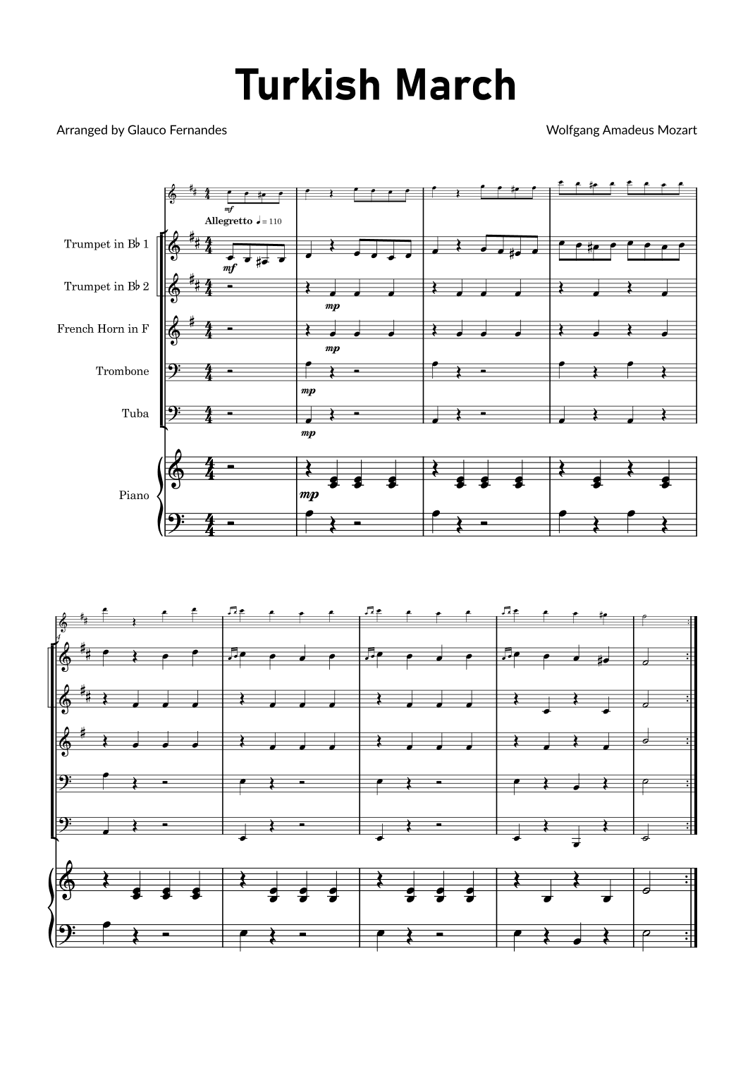 Turkish March by Mozart - Brass Quintet with Piano (arr. Glauco Fernandes)