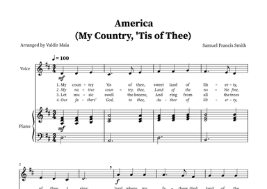 America (My Country, 'Tis of Thee) - Voice and Piano in D (arr. Valdir Maia)