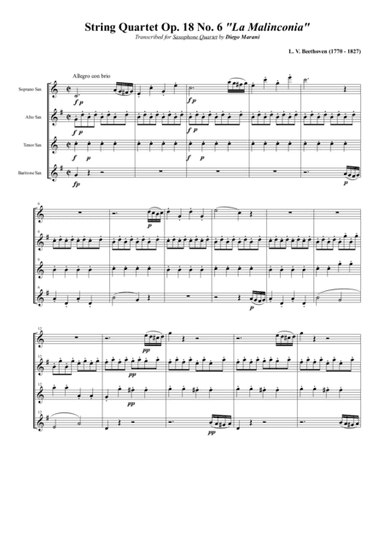 String Quartet Op. 18 No. 6 "La Malinconia" for Saxophone Quartet (SATB) (arr. Diego Marani)