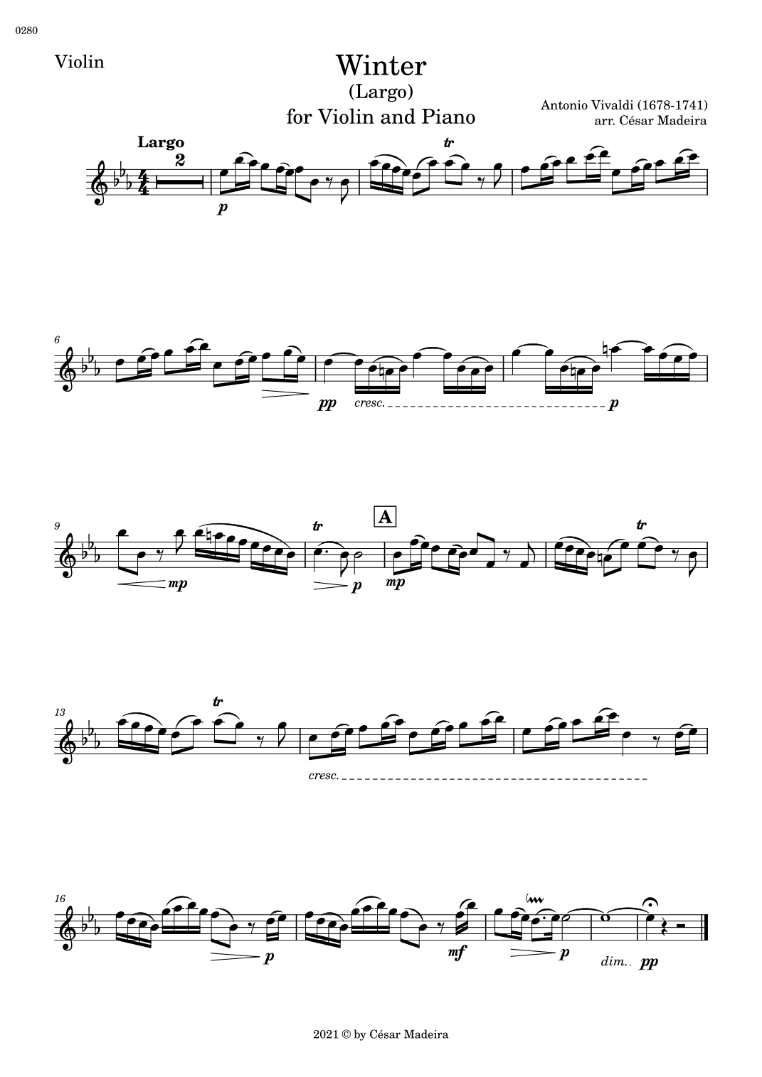 Winter by Vivaldi - Violin and Piano - II. Largo (Individual Parts) (arr. César Madeira)