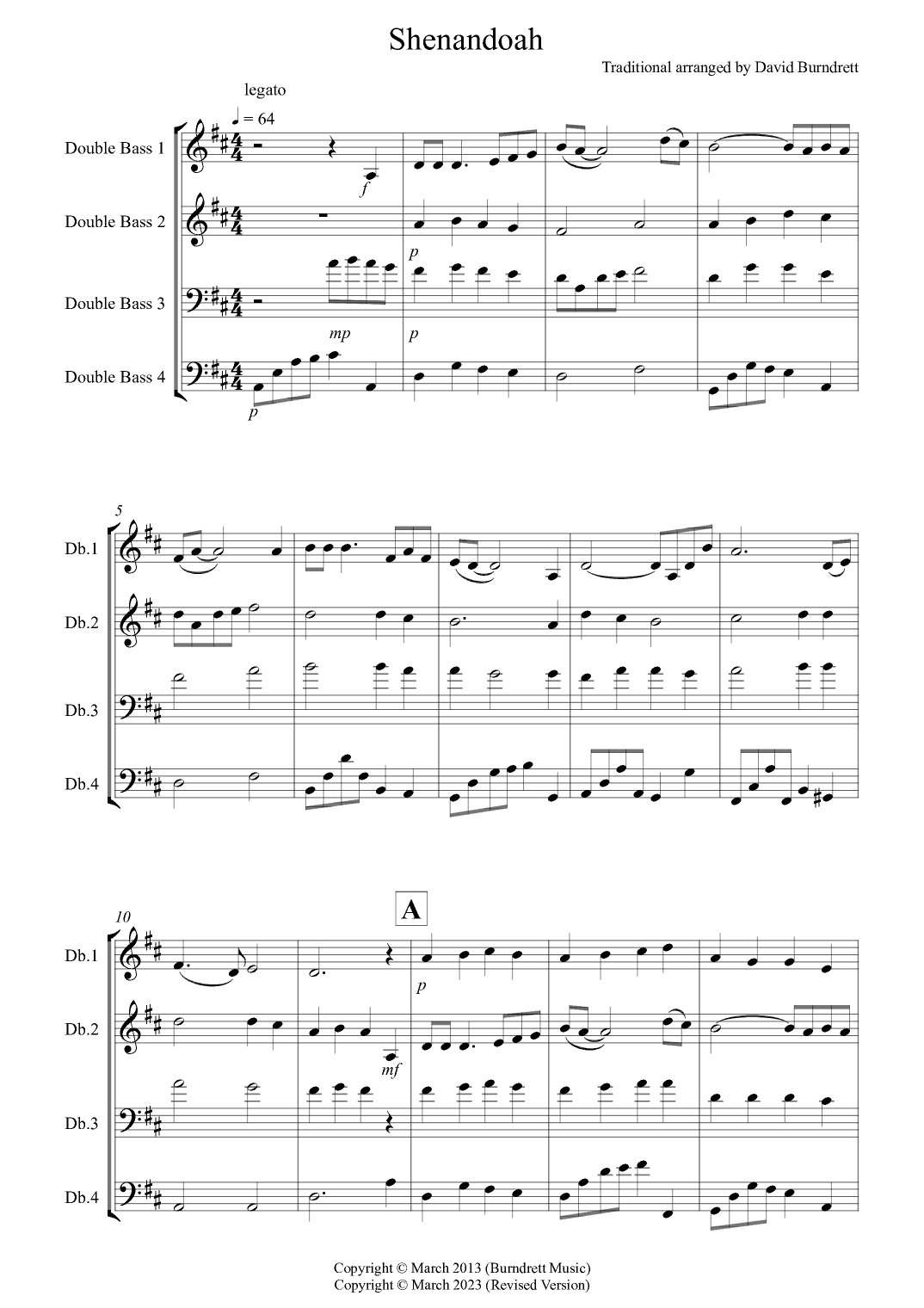Shenandoah for Double Bass Quartet (arr. David Burndrett)
