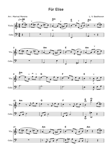 Fur Elise - Beethoven Violin and Cello (Score and Chords) v2 (arr. Marival Moreira)
