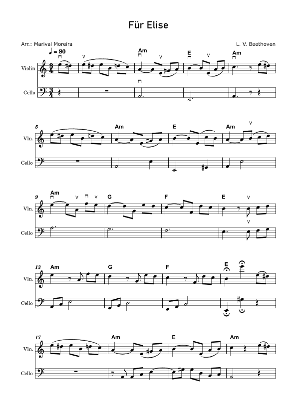 Fur Elise - Beethoven Violin and Cello (Score and Chords) v2 (arr. Marival Moreira)