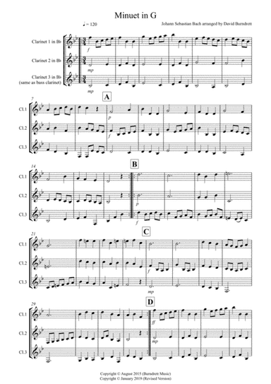 Minuet in G by Bach for Clarinet Trio (arr. David Burndrett)