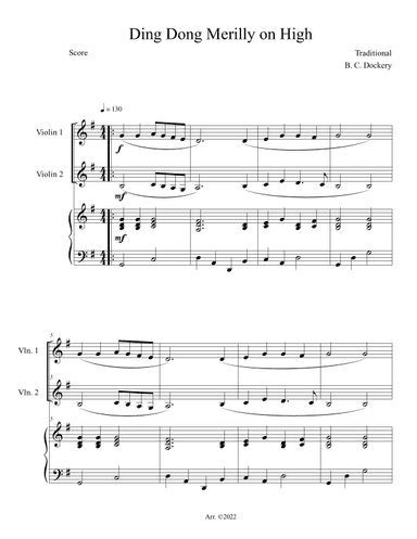 Ding Dong Merrily on High (Violin Duet with Piano Accompaniment) (arr. B. C. Dockery)