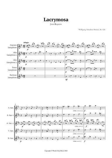 Lacrymosa by Mozart for Sax Quintet (arr. Ander)