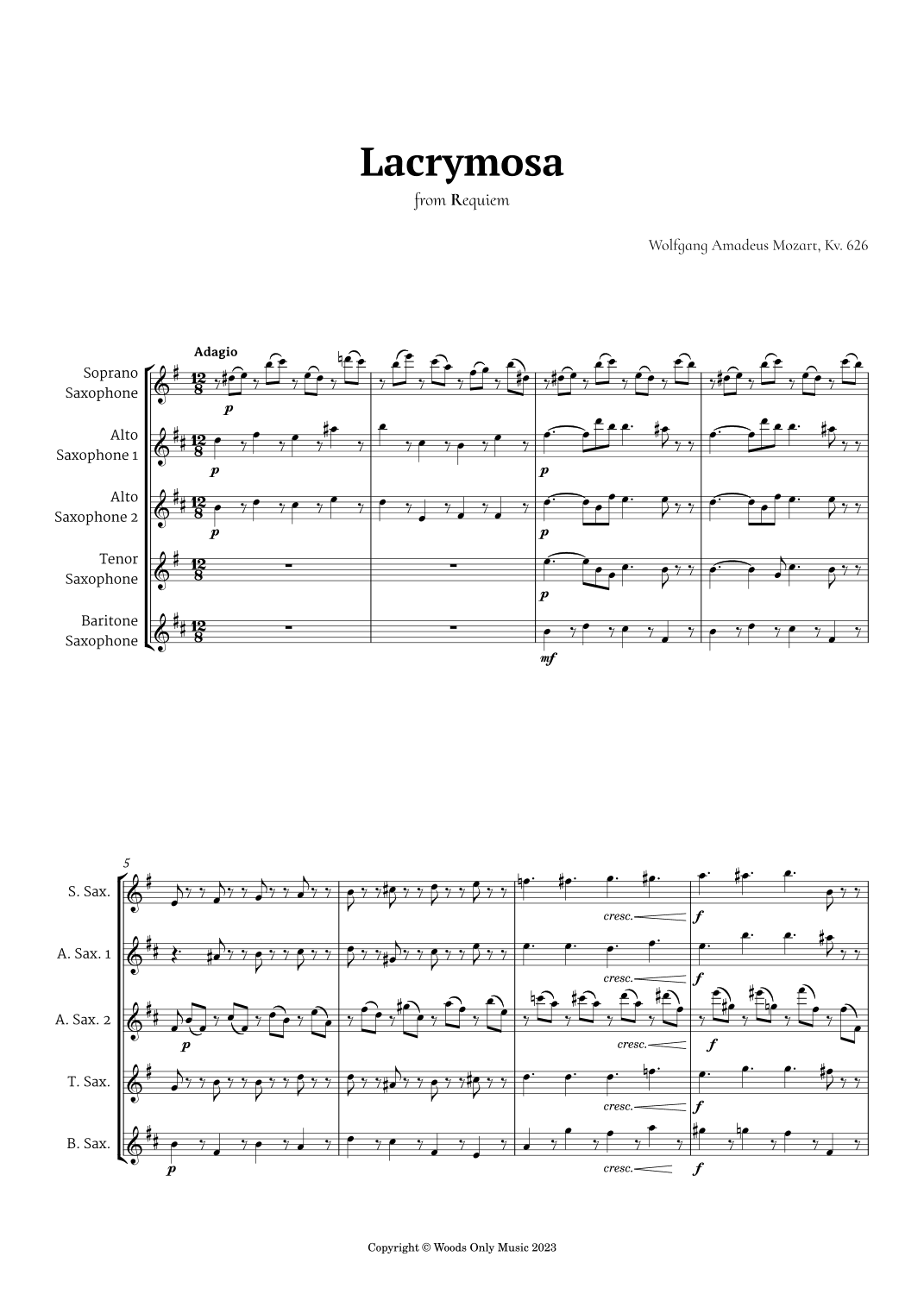 Lacrymosa by Mozart for Sax Quintet (arr. Ander)