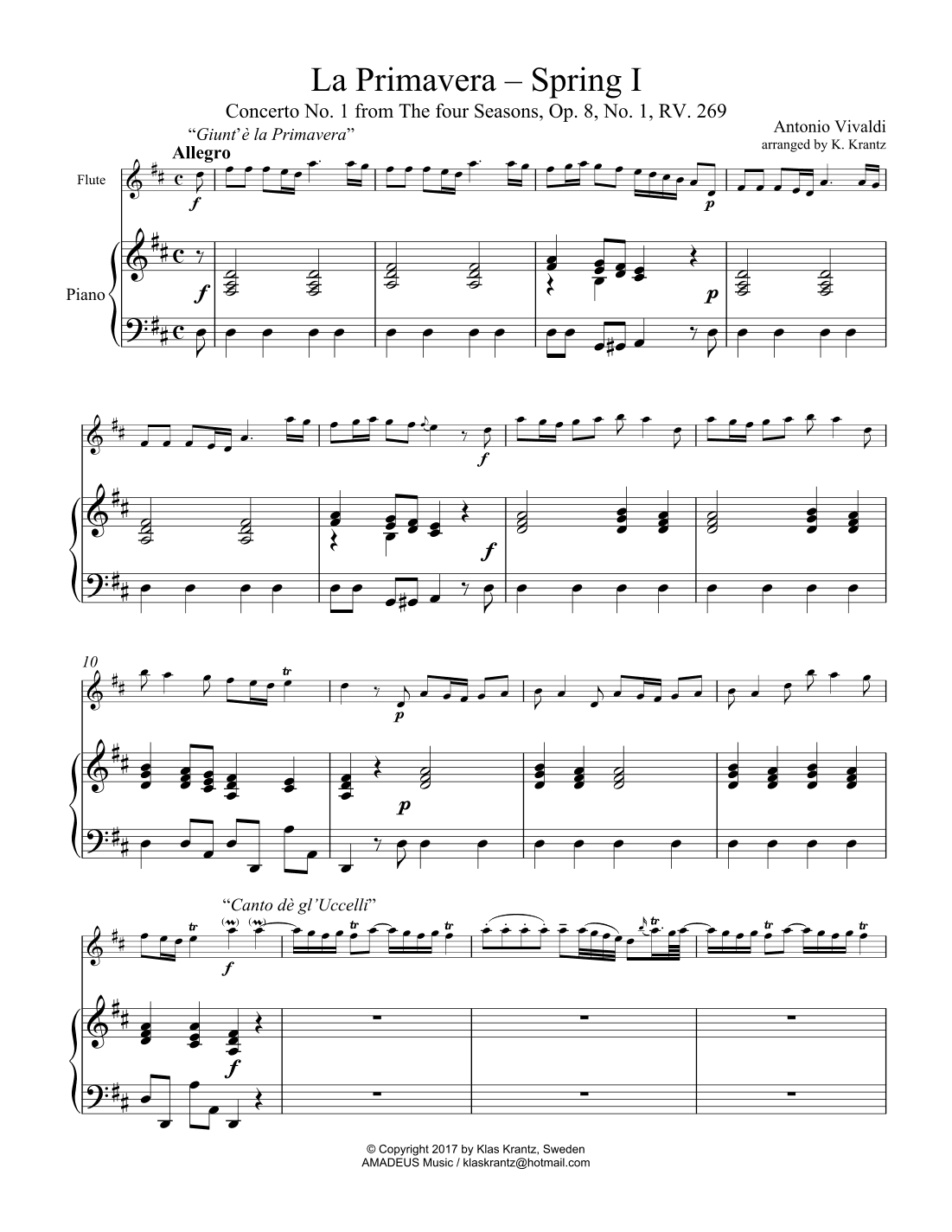 Allegro (i) from La Primavera (Spring) RV. 269 for flute (violin) and piano (arr. K. Krantz)