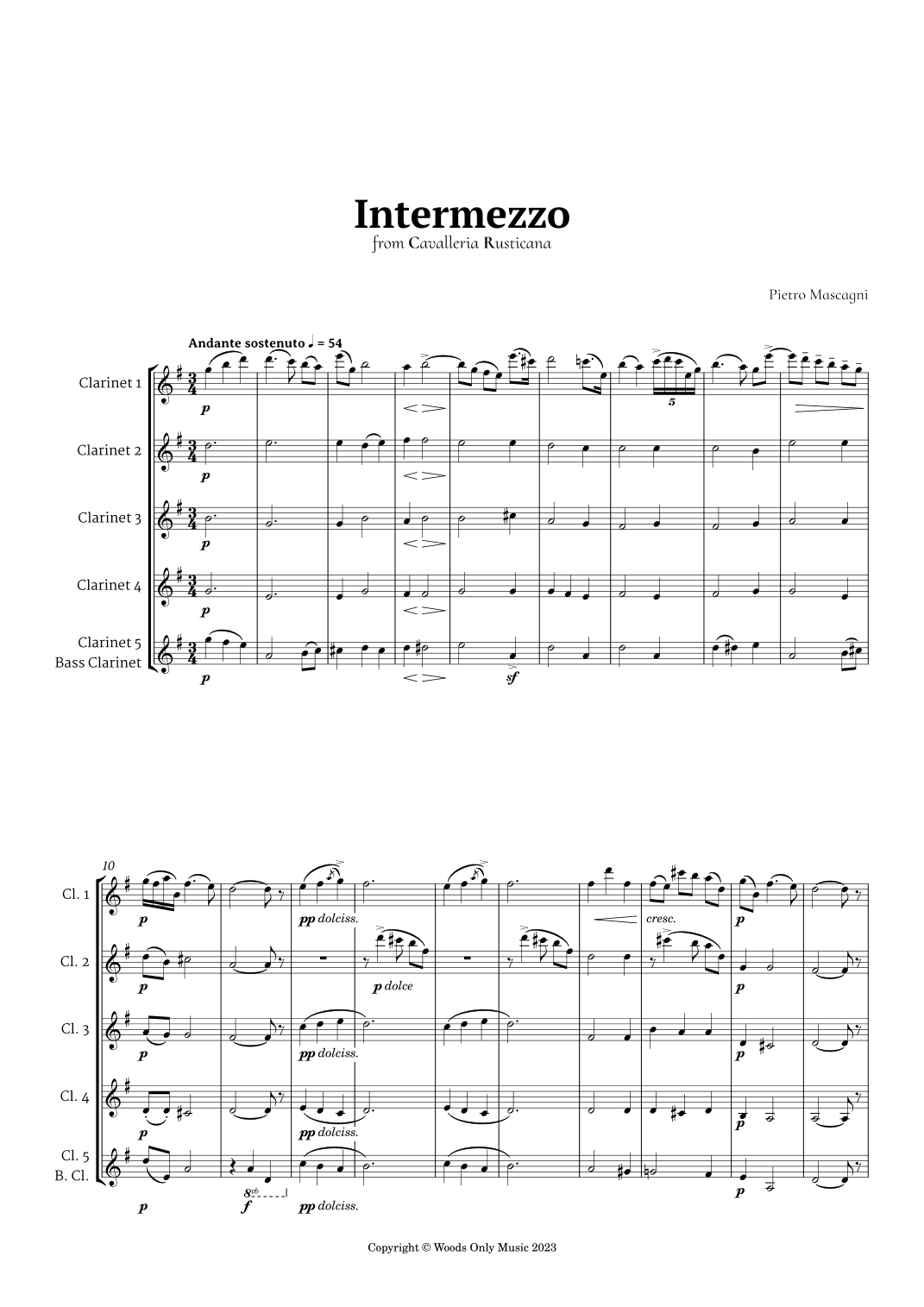 Intermezzo from Cavalleria Rusticana by Mascagni for Clarinet Quintet (arr. Ander)