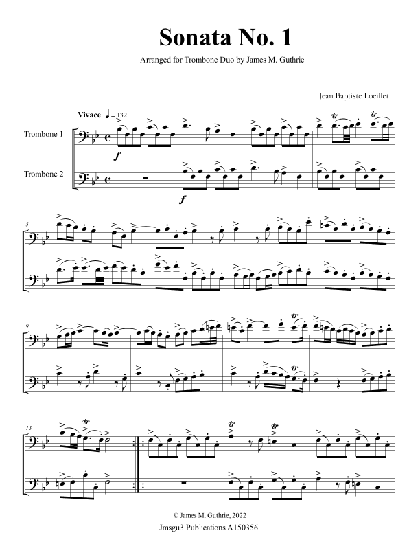 Loeillet: Six Sonatas Op. 5 No. 2 Complete for Trombone Duo (arr. James M. Guthrie)