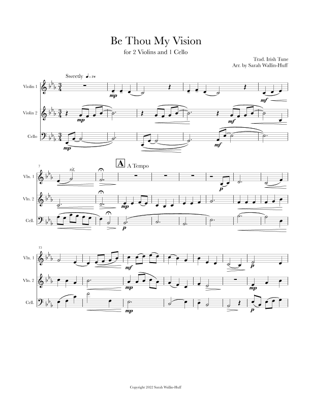 Be Thou My Vision (for 2 violins and 1 cello) (arr. Sarah Wallin Huff)