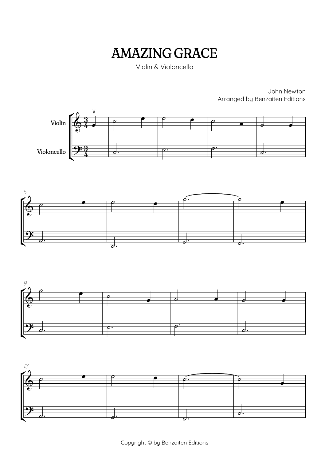 Amazing Grace • super easy violin and cello sheet music (arr. Benzaiten Editions)