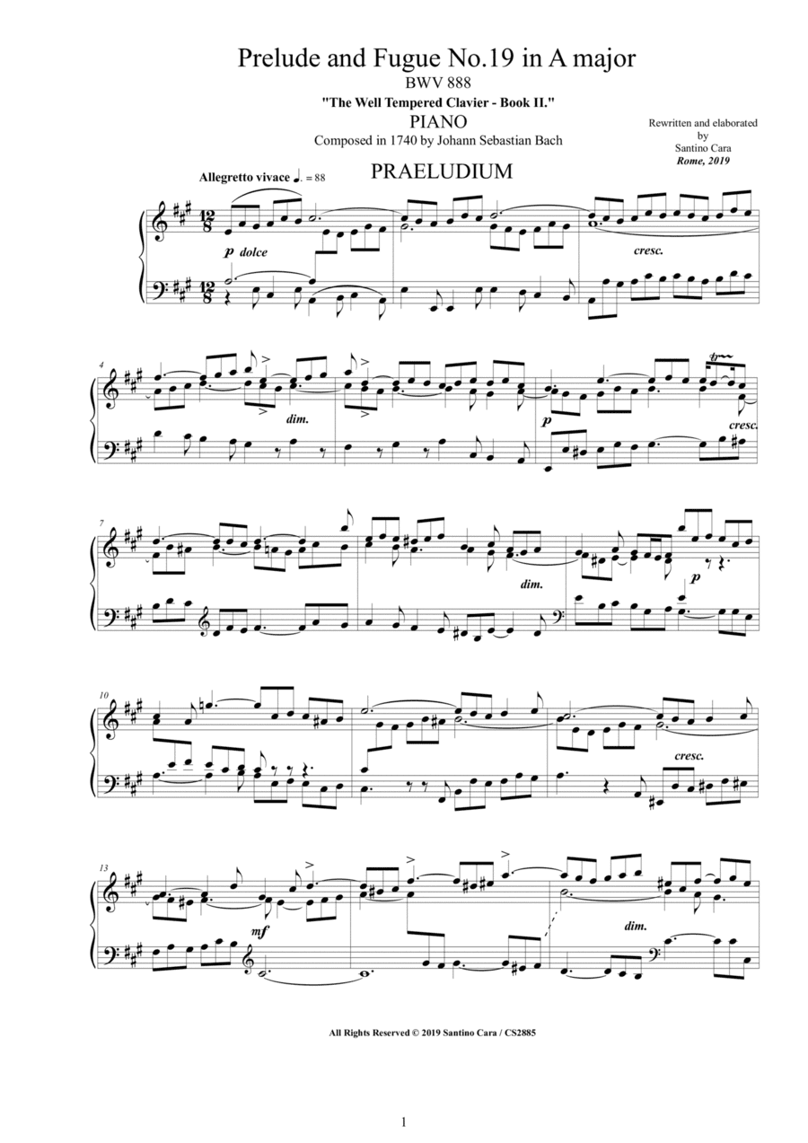 Bach - Prelude and Fugue No.19 in A major BWV 888 for Piano (arr. Santino Cara)
