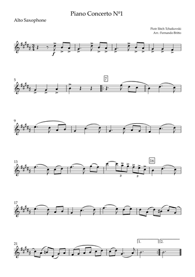 Piano Concerto Nº 1 - 1st Mov. Theme (P. Tchaikovsky) for Alto Saxophone Solo (D Major) (arr. Fernando Britto)