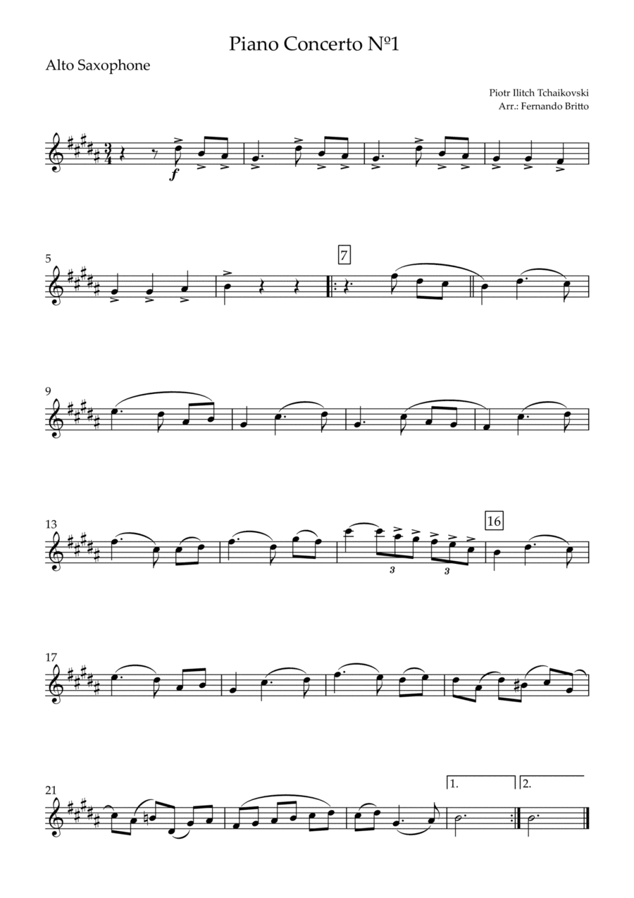 Piano Concerto Nº 1 - 1st Mov. Theme (P. Tchaikovsky) for Alto Saxophone Solo (D Major) (arr. Fernando Britto)