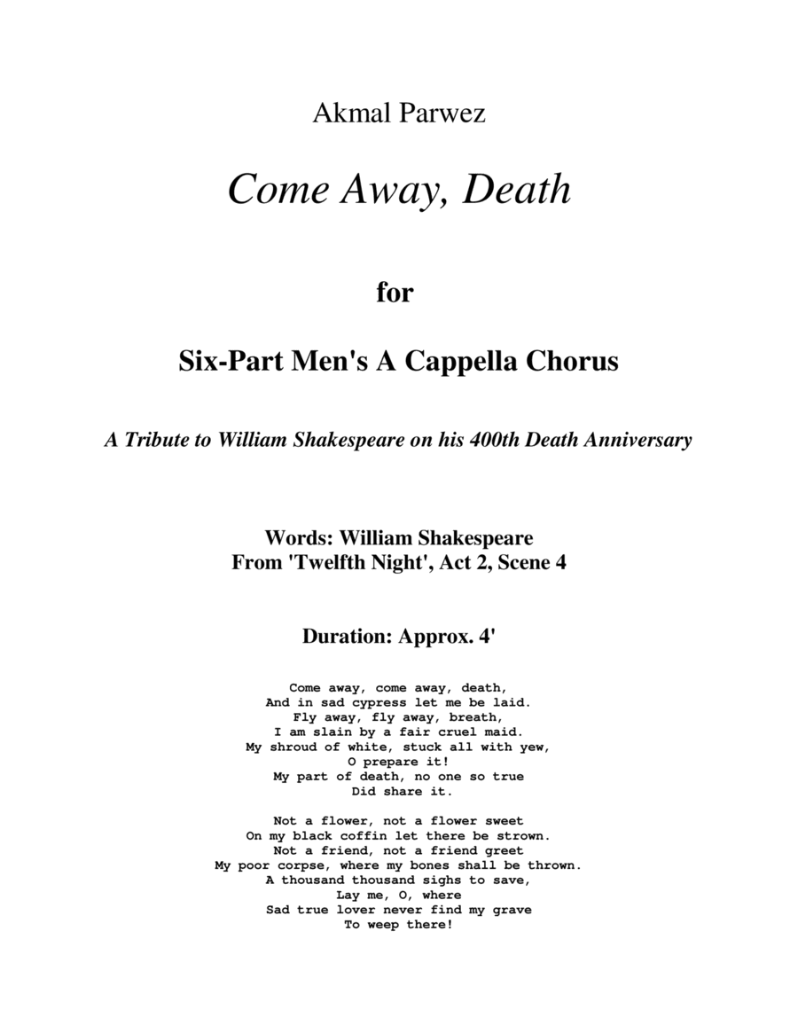 'Come Away, Death!' for 6-Part Men's Choir (AATTBarB)