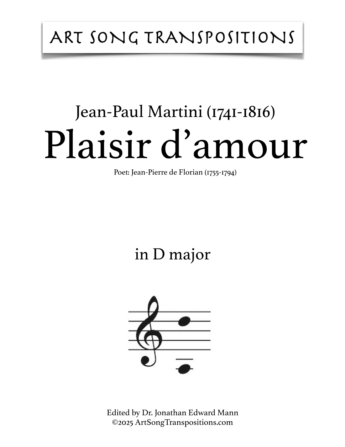 MARTINI: Plaisir d'amour (transposed to D major) (arr. ArtSongTranspositions.com)