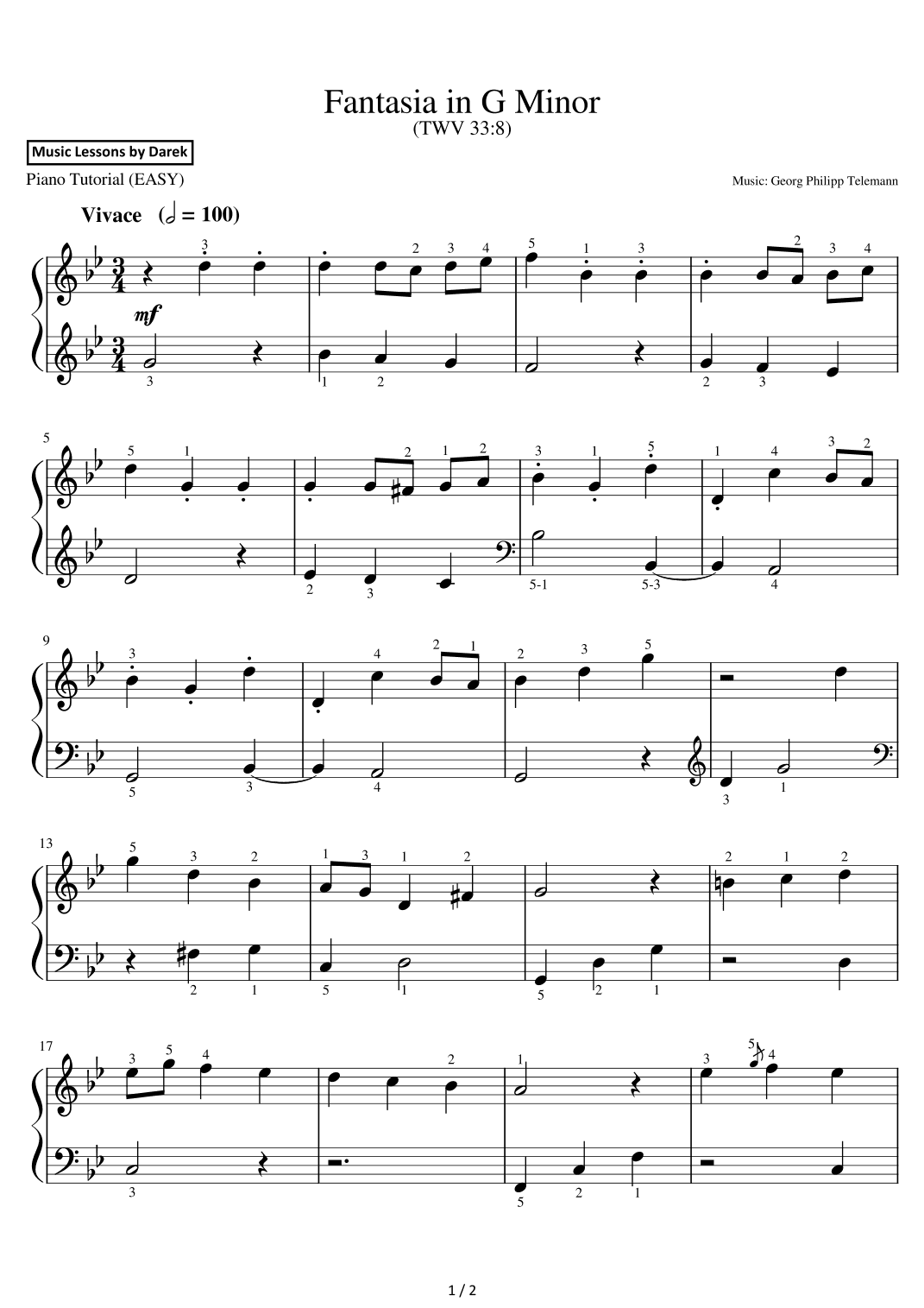 Fantasia in G Minor (EASY PIANO) (TWV 33:8) [Georg Philipp Telemann] (arr. Darek)