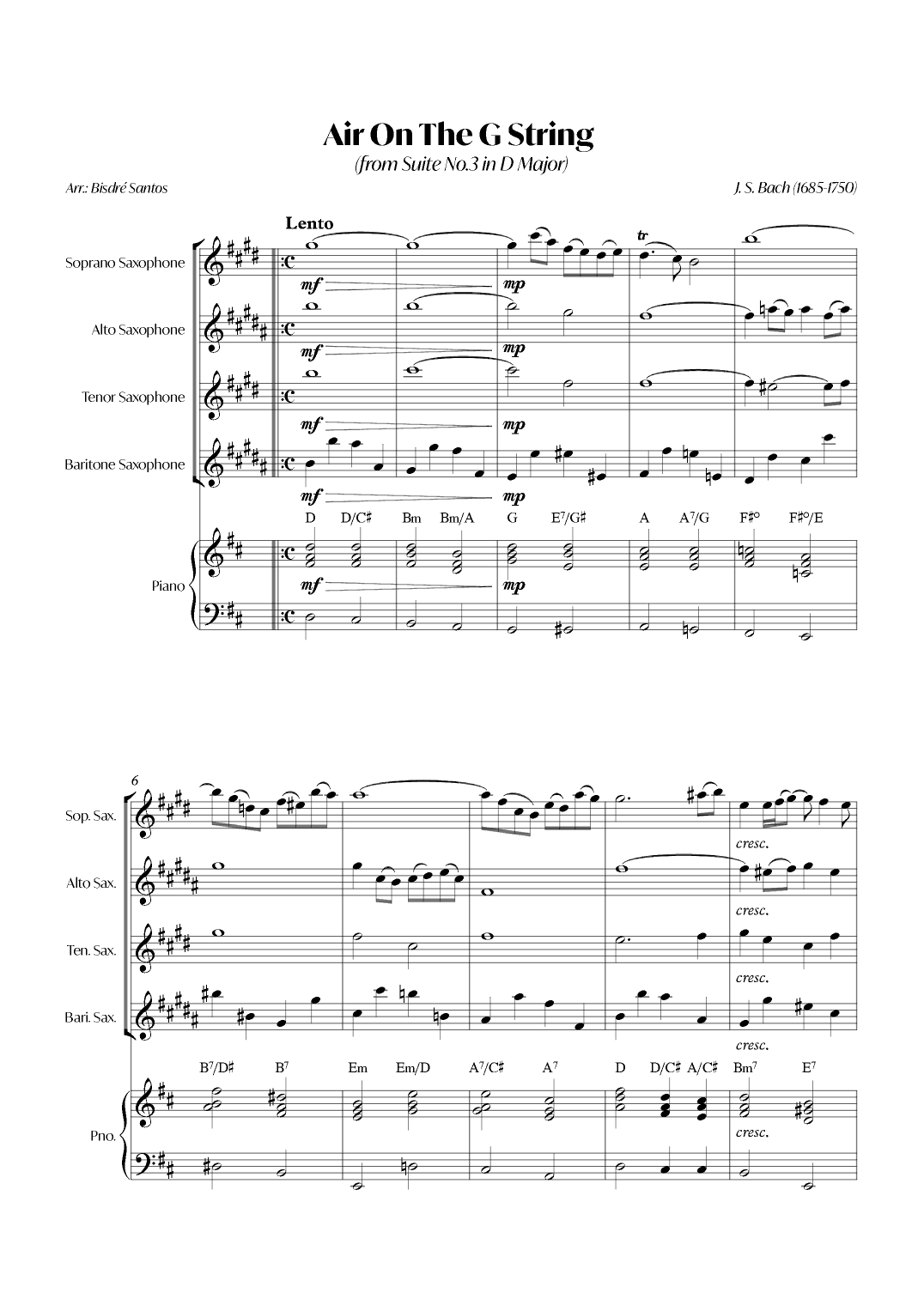 Air On The G String (from Suite No.3 in D Major) (Bach) - Sax quartet with Piano (arr. André Alberto Santos)