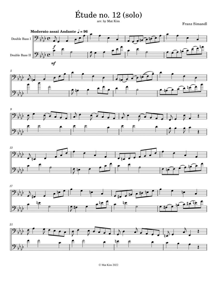 Franz Simandl Étude no. 12 in Ab Major (Modeato assai Andante) for Two Double Basses (arr. M. Kim)