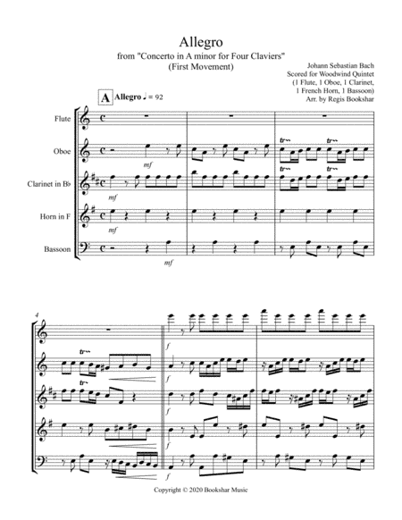 Allegro (from "Concerto for Four Claviers") (A min) (Woodwind Quintet - 1 Flute, 1 Oboe, 1 Clar, 1 H (arr. Regis Bookshar)